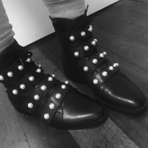 Zara black leather faux pearl boots